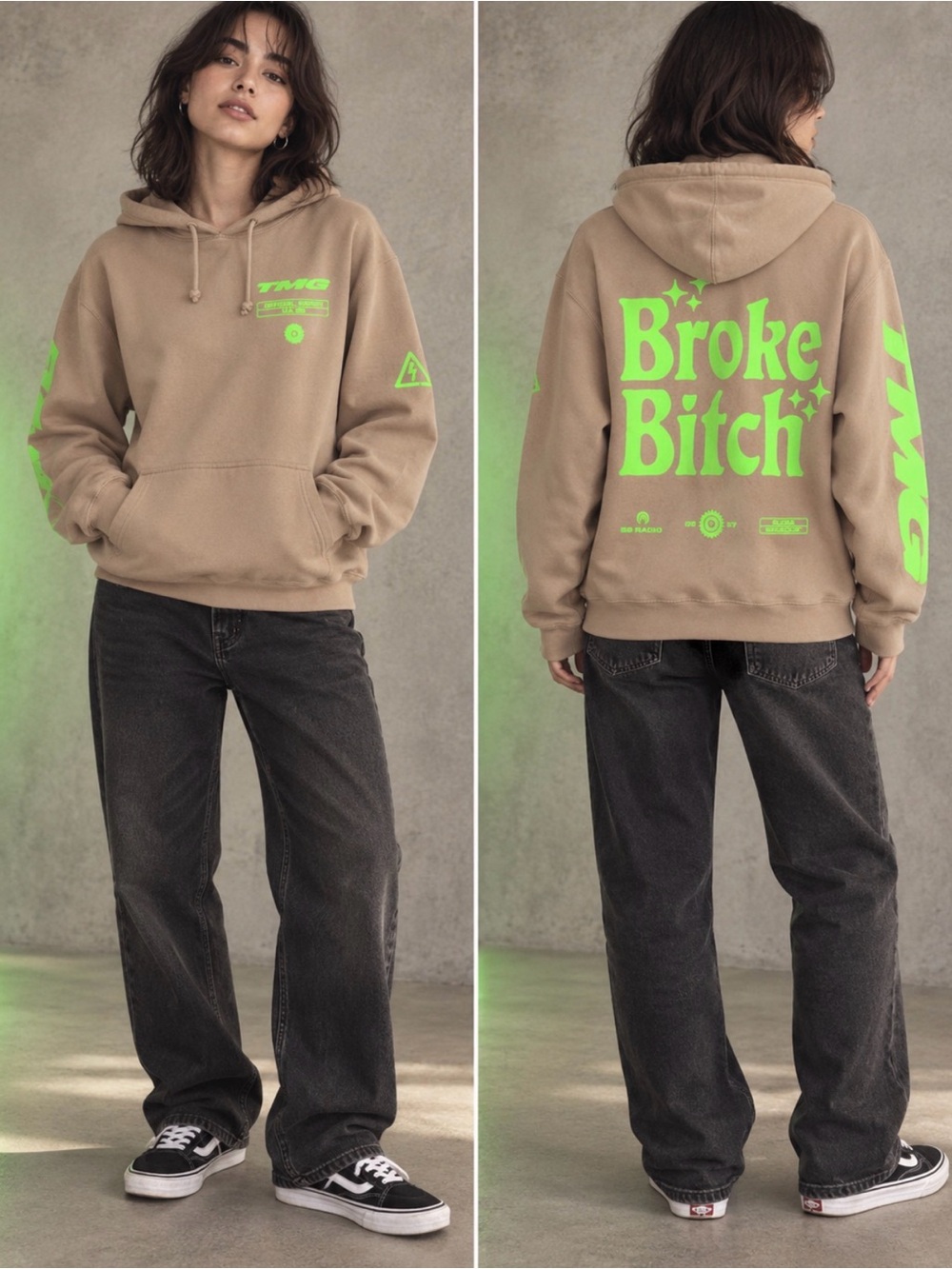 Tan Hoodie with Neon Green 'Broke B….ch ' Graphic